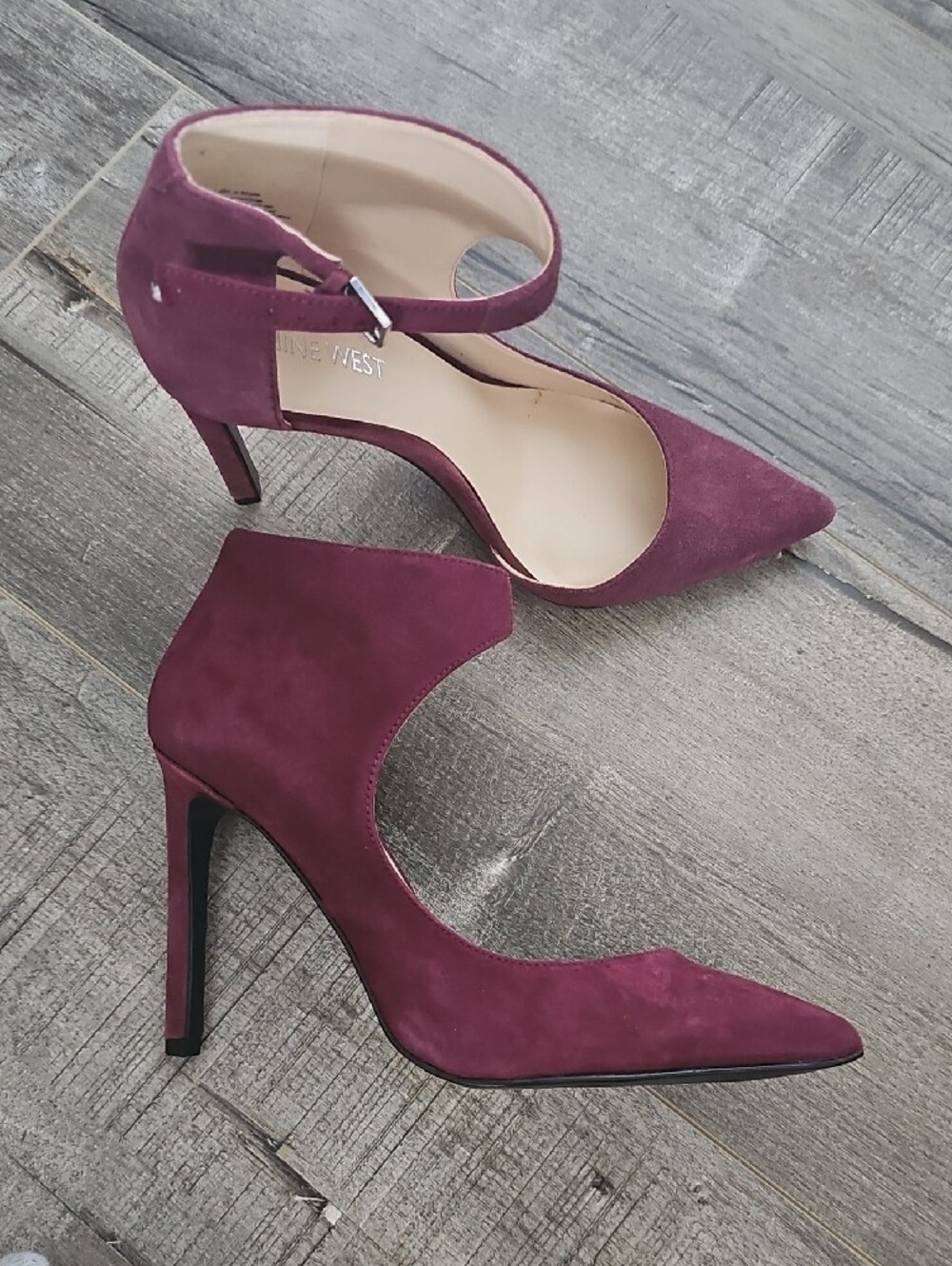 Nine West Women's Pointed Toe Ankle Suede Strap Pumps Wine Size 6